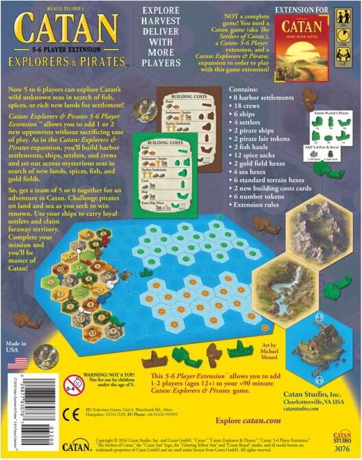 Catan: Explorers & Pirates – 5-6 Player Extension box back featuring game components. Includes game pieces, building costs, and a colorful game board. Suitable for 5-6 players, allowing exploration, settlement, and trade. Ideal for fans seeking to enhance their Catan experience.
