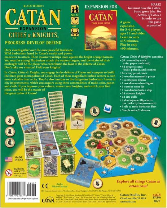 The back cover of the Catan: Cities & Knights board game expansion showcasing colorful game components including boards, cards, and tokens. The design emphasizes gameplay mechanics, player roles, and the thematic elements of defending the city of Catan against barbarians. Contains details about what’s included, age recommendations, player count, and game features.