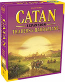Catan: Traders & Barbarians game box featuring vibrant artwork of a landscape at sunset with traders, a cart, and villagers. The box reads 'Catan Expansion' in bold yellow letters.