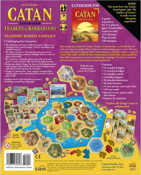 Catan: Traders & Barbarians expansion box featuring vibrant artwork and detailed game components. The back of the box lists game contents and new scenarios, with colorful game pieces displayed in a strategic layout. Ideal for 3-4 players aged 12 and older, this expansion enhances the Catan experience with fresh challenges and gameplay options.