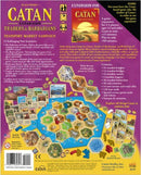 Catan: Traders & Barbarians expansion box featuring vibrant artwork and detailed game components. The back of the box lists game contents and new scenarios, with colorful game pieces displayed in a strategic layout. Ideal for 3-4 players aged 12 and older, this expansion enhances the Catan experience with fresh challenges and gameplay options.