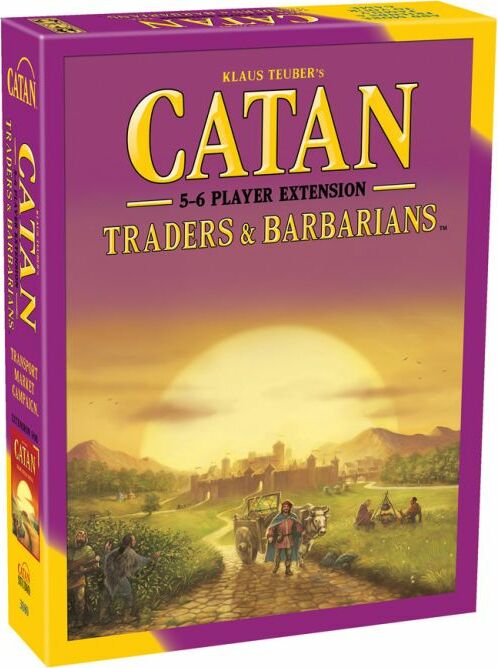 Catan: Traders & Barbarians – 5-6 Player Extension game box featuring vibrant artwork with a landscape view, a sun setting over a village, and characters engaging in trade and farming activities.