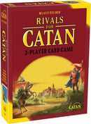 Rivals for Catan, a two-player card game by Klaus Teuber, featuring a vivid box design with medieval imagery, including knights and a picturesque landscape. The box indicates strategic gameplay in the popular Catan series.