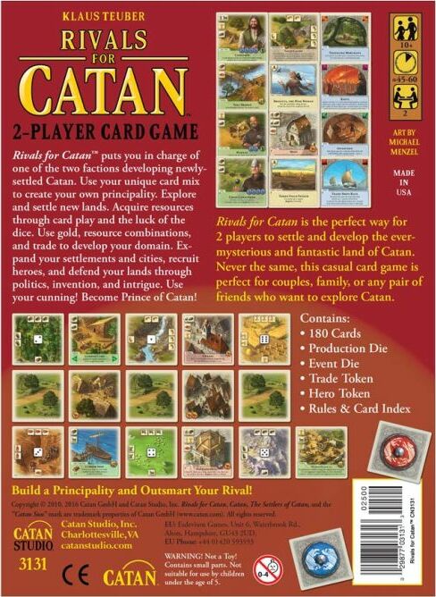 Rivals for Catan is a 2-player card game by Asmodee. The back cover displays colorful illustrations of the game components, including cards, dice, and tokens. It features a description of gameplay mechanics, such as resource gathering, strategic development, and player interactions, as well as the components included in the game.