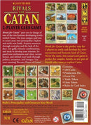 Rivals for Catan is a 2-player card game by Asmodee. The back cover displays colorful illustrations of the game components, including cards, dice, and tokens. It features a description of gameplay mechanics, such as resource gathering, strategic development, and player interactions, as well as the components included in the game.