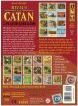 Back cover of the Rivals for Catan card game by Asmodee, featuring rich, colorful illustrations of game components and gameplay instructions. The design includes icons representing resources and cards, along with descriptions of the game mechanics.