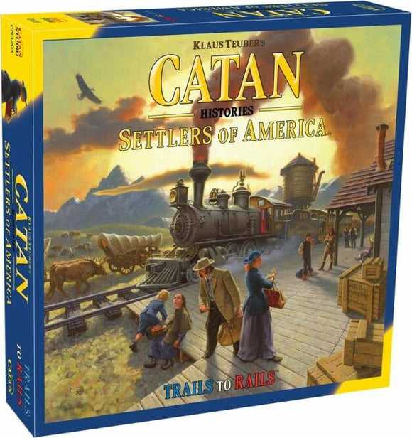 Catan Histories: Settlers of America Trails to Rails game box featuring an illustrated scene of historic American settlers at a train station, with a steam locomotive and various figures in period attire, showcasing the essence of exploration and settlement.