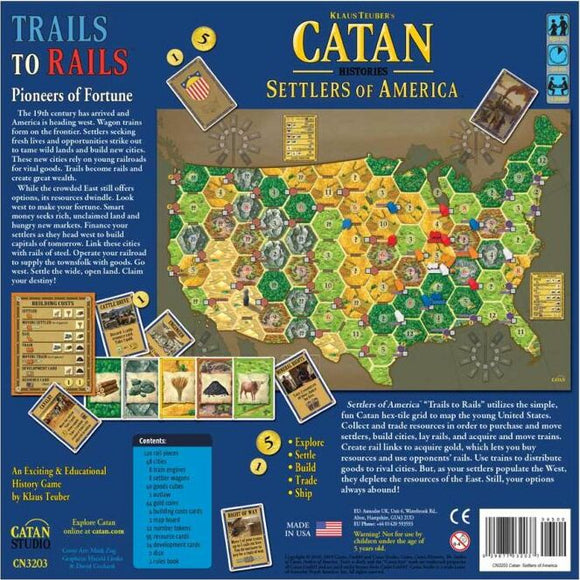 Catan Histories: Settlers of America - Trails to Rails board game. Features a colorful hex-grid map of the United States with various resources and game cards. Includes illustrations of trains, settlements, and resource management elements.