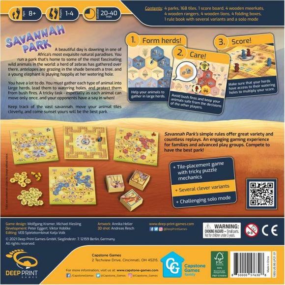 Savannah Park game by Capstone Games featuring colorful tiles and illustrations. Players manage a wildlife park, forming animal herds, caring for them, and leading them to watering holes. The back of the box displays game contents, instructions, and artwork highlighting the engaging tile-placement mechanics. Designed for 1-4 players, the game offers exciting gameplay that can last between 20-40 minutes.