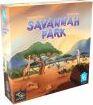 Savannah Park board game by Capstone Games, featuring vibrant artwork of a savannah landscape with animals. The box design includes colorful illustrations of wildlife in a natural setting, inviting players to build their own animal park.