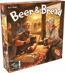 The game 'Beer & Bread' by Capstone features vibrant artwork of a rustic scene with characters enjoying beer and bread. The box shows a tavern setting with a man and a woman at a wooden table, mugs in hand, and a loaf of bread on the table. The backdrop includes fields and additional characters engaging in farm activities.