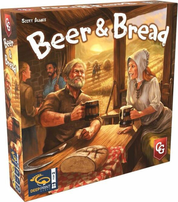 The game 'Beer & Bread' by Capstone features vibrant artwork of a rustic scene with characters enjoying beer and bread. The box shows a tavern setting with a man and a woman at a wooden table, mugs in hand, and a loaf of bread on the table. The backdrop includes fields and additional characters engaging in farm activities.