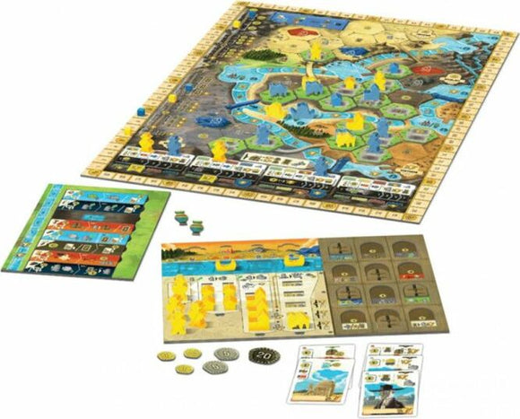 Boonlake board game by Capstone Games displayed with various game components, including a colorful game board featuring hexagonal tiles, resource tokens, wooden pieces in different colors, and player boards with visible gameplay elements. The layout showcases a mix of strategic resources and paths, emphasizing a nature-themed adventure.