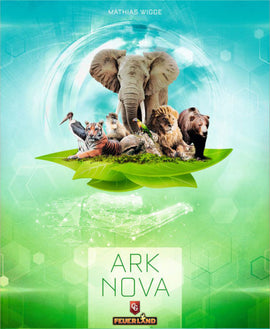 Ark Nova board game from Capstone Games featuring diverse wildlife such as an elephant, tiger, lion, bear, and tropical bird on a vibrant green background, promoting ecological themes.