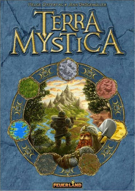 The game 'Terra Mystica' by Capstone features a beautifully illustrated box cover. The design includes a landscape with mountains and a figure holding a shovel, surrounded by circular tokens representing different elements of the game, showcasing its strategic depth and fantasy theme.