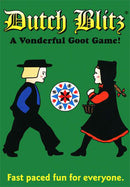 Dutch Blitz card game packaging, featuring a vibrant green background. The design includes illustrations of a man in traditional Dutch attire and a woman in a black dress with a basket. A decorative card emblem is centered between them, with the text 'Dutch Blitz A Wonderful Goot Game!' emphasizing its fun and fast-paced nature.