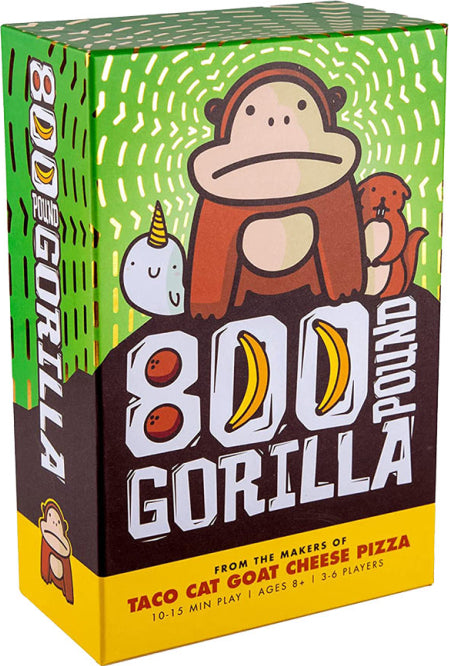 800 Pound Gorilla game box featuring a friendly cartoon gorilla holding a banana, surrounded by colorful characters like a unicorn and an otter. The vibrant green background and bold text attract attention. The game is designed for 3-6 players and offers quick gameplay lasting 10-15 minutes, suitable for ages 8 and up.