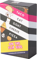 Taco Cat Goat Cheese Pizza: On the Flip Side game box featuring colorful illustrations of a taco, cat, goat, cheese, and pizza with a bold title. The box is designed in vibrant colors with a playful, whimsical theme.