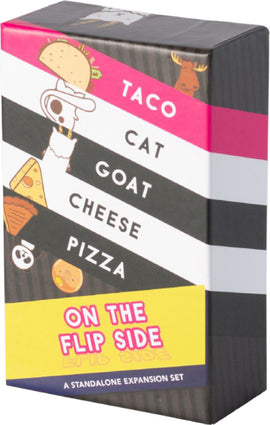 Taco Cat Goat Cheese Pizza: On the Flip Side game box featuring colorful illustrations of a taco, cat, goat, cheese, and pizza with a bold title. The box is designed in vibrant colors with a playful, whimsical theme.