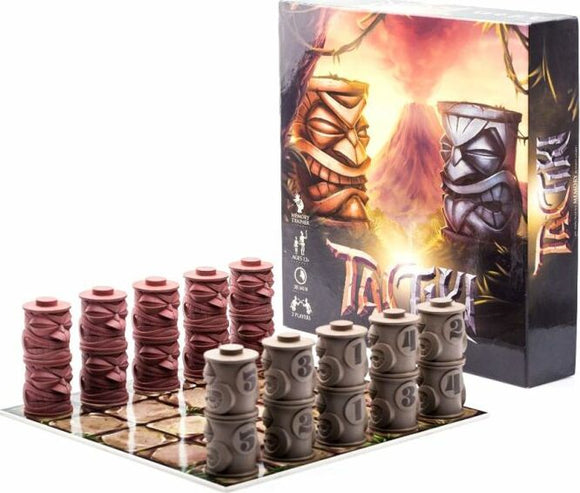 Tactiki game by DRAWLAB GAMES featuring an intricately designed box with vibrant artwork depicting tribal totem figures. The game set includes stacks of uniquely shaped pieces, placed on a board, showcasing numbers and textures, ideal for strategic play with friends.