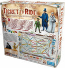 Back view of the board game 'Ticket to Ride' by Days of Wonder. The image features a colorful game board depicting train routes across the United States, along with illustrations of characters and a brief description of the game's objective and rules. The box design includes vibrant colors and intricate details, showcasing the adventure theme of the game.