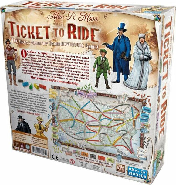Back view of the board game 'Ticket to Ride' by Days of Wonder. The image features a colorful game board depicting train routes across the United States, along with illustrations of characters and a brief description of the game's objective and rules. The box design includes vibrant colors and intricate details, showcasing the adventure theme of the game.