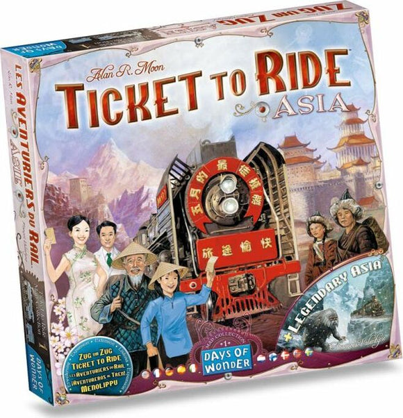Ticket to Ride Map Collection: Volume 1 Team Asia & Legendary Asia game box featuring colorful illustrations of an Asian train, scenic mountains, and characters in traditional attire. Created by Days of Wonder, this strategic board game invites players to traverse the continent and connect cities.