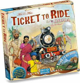 Ticket to Ride Map Collection: Volume 2 India & Switzerland game box. The colorful cover features iconic Indian and Swiss elements including a traditional train, people in cultural attire, and famous landmarks. Designed by Alan R. Moon and published by Days of Wonder, this game invites players to embark on an adventurous journey through these two vibrant countries.