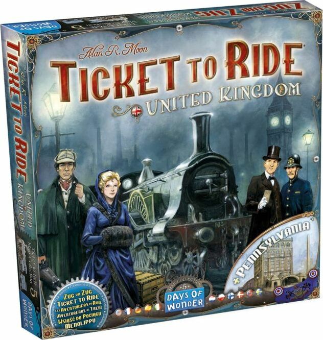 Ticket to Ride: United Kingdom & Pennsylvania Expansion board game by Days of Wonder. The packaging features a vintage train, characters in period attire, and the title prominently displayed.