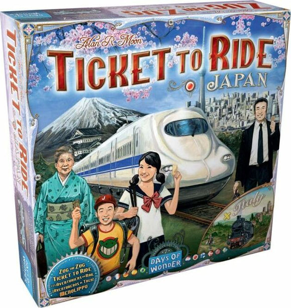 The Ticket to Ride: Japan & Italy Expansion game box features vibrant artwork depicting a modern bullet train alongside iconic Japanese scenery, such as Mount Fuji and vibrant cherry blossoms. Featured on the box are cheerful characters in traditional and modern attire, representing the cultural blend of Japan. The Days of Wonder logo is also prominently displayed.