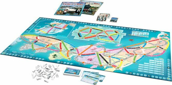 Ticket to Ride: Japan & Italy Expansion board game set displayed. The vibrant game board features distinct routes across Japan and Italy, colorful train pieces, cards, and rules. Perfect for strategy enthusiasts and family game nights.