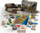 Ticket to Ride Legacy - West board game by Days of Wonder. The game includes a colorful game board depicting a rail map, various train cards, tokens in different colors, and coins spread out around the box. The box features engaging artwork of train travel in the West, inviting players to embark on a strategic journey.