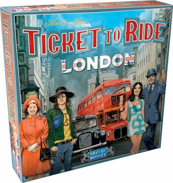 Ticket to Ride: London board game by Days of Wonder featuring vibrant artwork of iconic London landmarks, including a red double-decker bus. The box displays four characters dressed in stylish outfits, representing a fun and engaging gameplay experience.