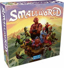 The board game Small World by Days of Wonder, featuring vibrant artwork of various fantasy characters, including goblins, warriors, and wizards, engaged in a whimsical battle atop a mountain backdrop.
