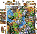 The board game 'Small World' by Days of Wonder is set on a colorful, fantastical map filled with diverse territories. Players navigate different regions by using unique races and abilities represented by illustrated tokens. The game features intricate artwork and various components, including coins and player boards that indicate different factions and strategic advantages, showcasing a vibrant blend of civilization and adventure.