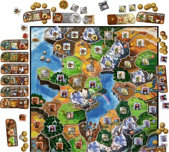 The board game 'Small World' by Days of Wonder is set on a colorful, fantastical map filled with diverse territories. Players navigate different regions by using unique races and abilities represented by illustrated tokens. The game features intricate artwork and various components, including coins and player boards that indicate different factions and strategic advantages, showcasing a vibrant blend of civilization and adventure.