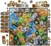 A colorful board game titled 'Small World' by Days of Wonder. The game features a detailed fantasy map showing various regions, each adorned with vibrant illustrations of characters and symbols. Surrounding the game board are various tokens and cards, enhancing the gameplay experience.