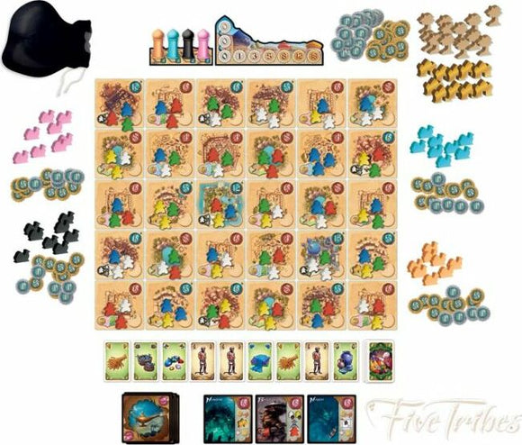 Five Tribes: The Djinns of Naqala board game by Days of Wonder. The game includes colorful player pieces, cards, and various tokens arranged on a decorative game board. Players navigate the board, strategically using resources and abilities to gain points and influence.