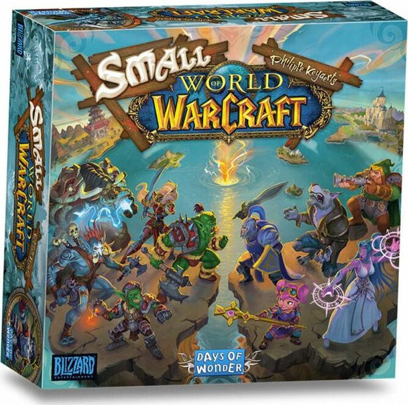 The game Small World of Warcraft by Days of Wonder. The colorful box artwork features iconic characters from World of Warcraft, including heroes and villains on a vibrant fantasy landscape, showcasing an epic game experience.