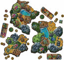 An aerial view of the Small World of Warcraft board game by Days of Wonder, featuring colorful game boards, character cards, and tokens. The board showcases various terrains like mountains, forests, and lakes, adding to the fantasy theme.