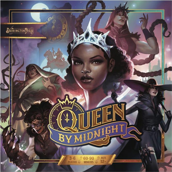 The game 'Queen By Midnight' features a beautifully illustrated cover with a central character wearing a crown and flanked by other characters in dynamic poses. The design incorporates elements of fantasy and intrigue, perfect for a game night with friends. Suitable for 3-6 players aged 12 and up, the game promises 60-90 minutes of thrilling gameplay.