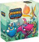 A colorful box of the board game 'Dodo's Riding Dinosaurs' by Draco Studios, featuring whimsical illustrations of various dinosaurs and characters. The box showcases a vibrant design with funny and adventurous dodos riding an array of dinosaurs, creating an engaging and playful theme suitable for family fun.