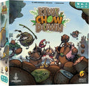 The box cover for the game 'Kiwi Chow Down' by Detestable. It features colorful cartoon-style illustrations of Kiwis and various whimsical characters actively engaging in a fun and chaotic scene, surrounded by kiwifruits and foliage. The vibrant colors and playful design suggest a lively, family-friendly game for 2-4 players, ages 10 and up, with a gameplay time of around 90 minutes.