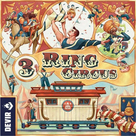 3 Ring Circus game by Devir featuring vibrant illustrations of circus performers, animals, and acrobatic acts, set in a colorful circus theme.