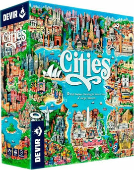 The game 'Cities' by Devir features an intricately illustrated box cover showcasing vibrant, stylized representations of famous cities around the world. The design includes landmarks, waterways, and a whimsical map layout, inviting players to explore different cultures through gameplay. Ideal for family game nights and city enthusiasts.