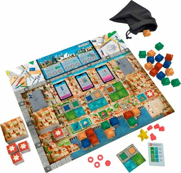 The game 'Cities' by Devir is displayed on a vibrant game board, showcasing a city layout with colorful building pieces. The setup includes various colored tokens, three smartphone-like cards, a black bag for storage, and a scoring track along the edges. This strategic game invites players to build cities while managing resources and competing for points.