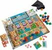 A colorful board game titled 'Cities' by Devir, featuring a detailed game board with various city elements, tokens in different colors, cards, and a black bag. The components are arranged attractively around the board, showcasing the game’s innovative design and diverse gameplay.