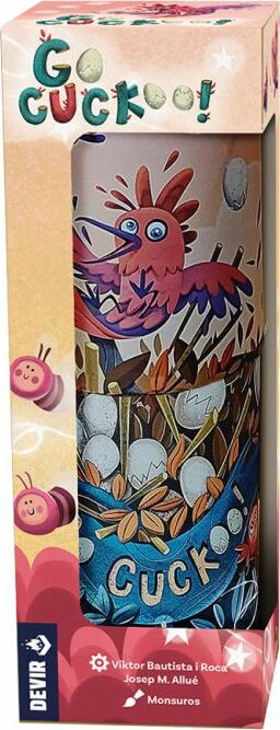 Go Cuckoo! board game by Devir features a vibrant packaging design with a colorful cartoon bird surrounded by eggs and leaves, creating an engaging and playful theme. Perfect for family fun and game nights.