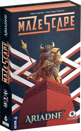Mazescape: Ariadne by Devir Games is a thrilling board game featuring vibrant artwork of a heroic character wielding a staff, standing atop a pedestal. The box design showcases intricate patterns and a compelling color scheme, set against a backdrop of labyrinthine visuals, hinting at an adventurous gameplay experience filled with strategic challenges.