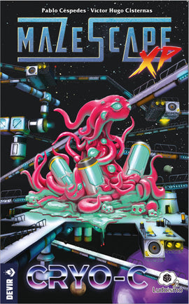 The cover art for the game 'Mazescape XP: Cryo-C' by Devir Games. It features vibrant and colorful illustrations of a pink octopus-like creature surrounded by futuristic machinery and containers, set against a sci-fi backdrop. The title 'MAZESCAPE XP' is prominently displayed at the top, with 'CRYO-C' highlighted below.